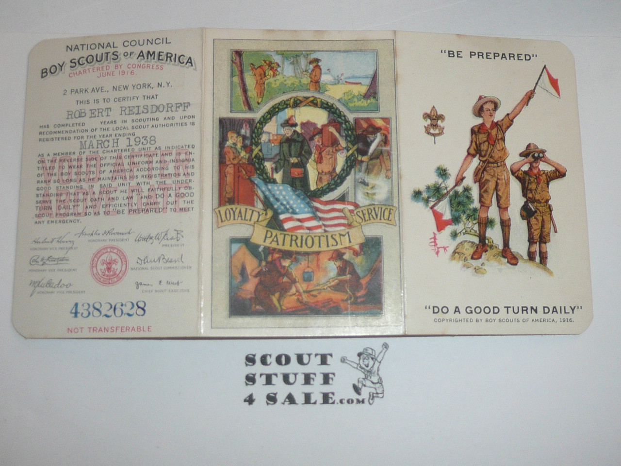 1938 Boy Scout Membership Card, 3-fold, with the Envelope, 7 signatures, expires March 1938, BSMC160