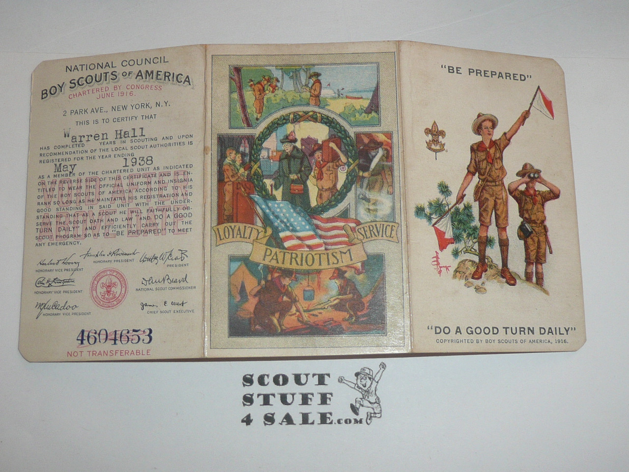 1938 Boy Scout Membership Card, 3-fold, with the Envelope, 7 signatures, expires May 1938, BSMC161