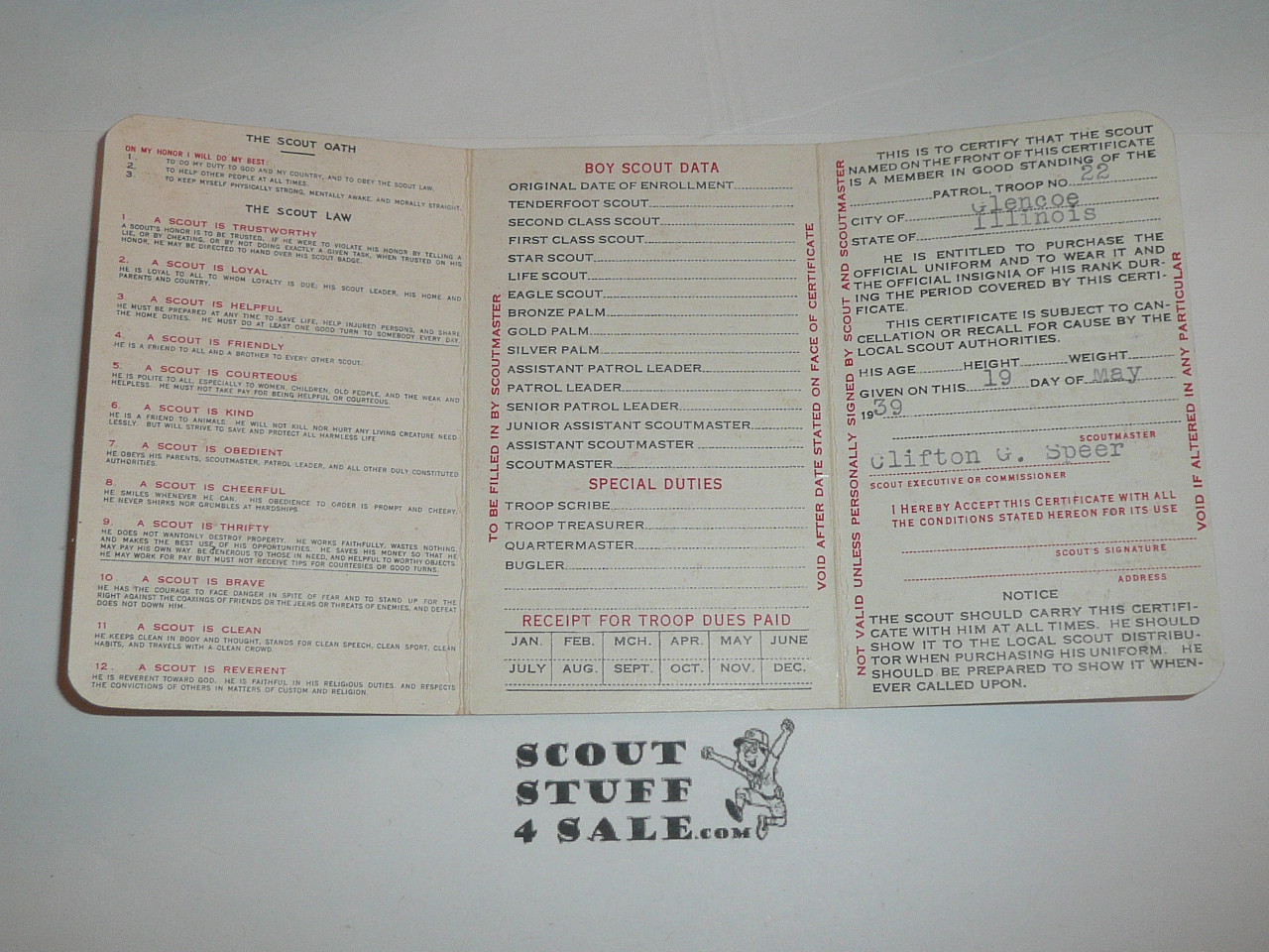 1939 Boy Scout Membership Card, 3-fold, with the Envelope, 7 signatures, expires December 1939, BSMC164