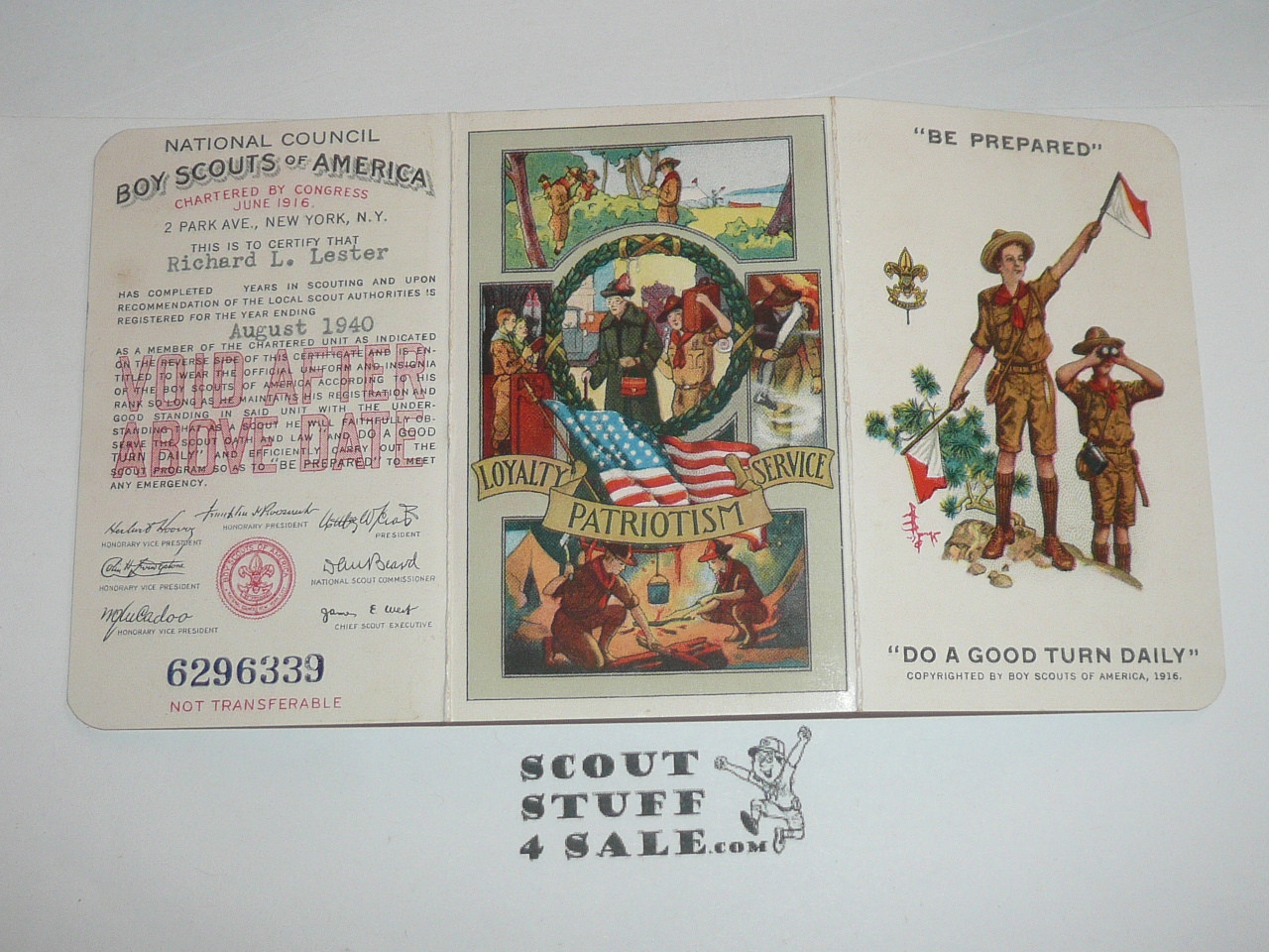 1940 Boy Scout Membership Card, 3-fold, with the Envelope, 7 signatures, expires August 1940, BSMC166