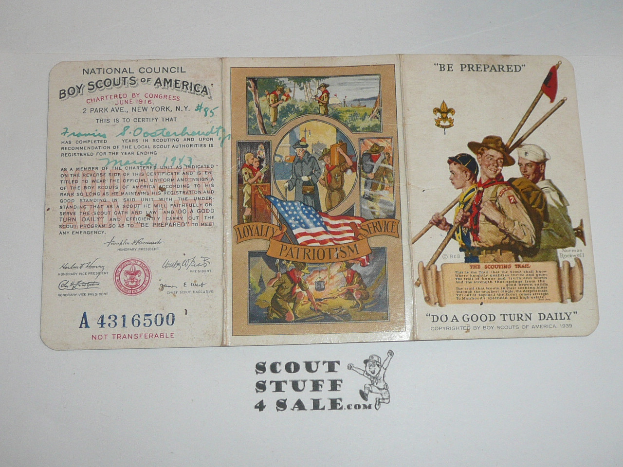 1943 Boy Scout Membership Card, 3-fold, with the Envelope, 5 signatures, expires March 1943, BSMC172