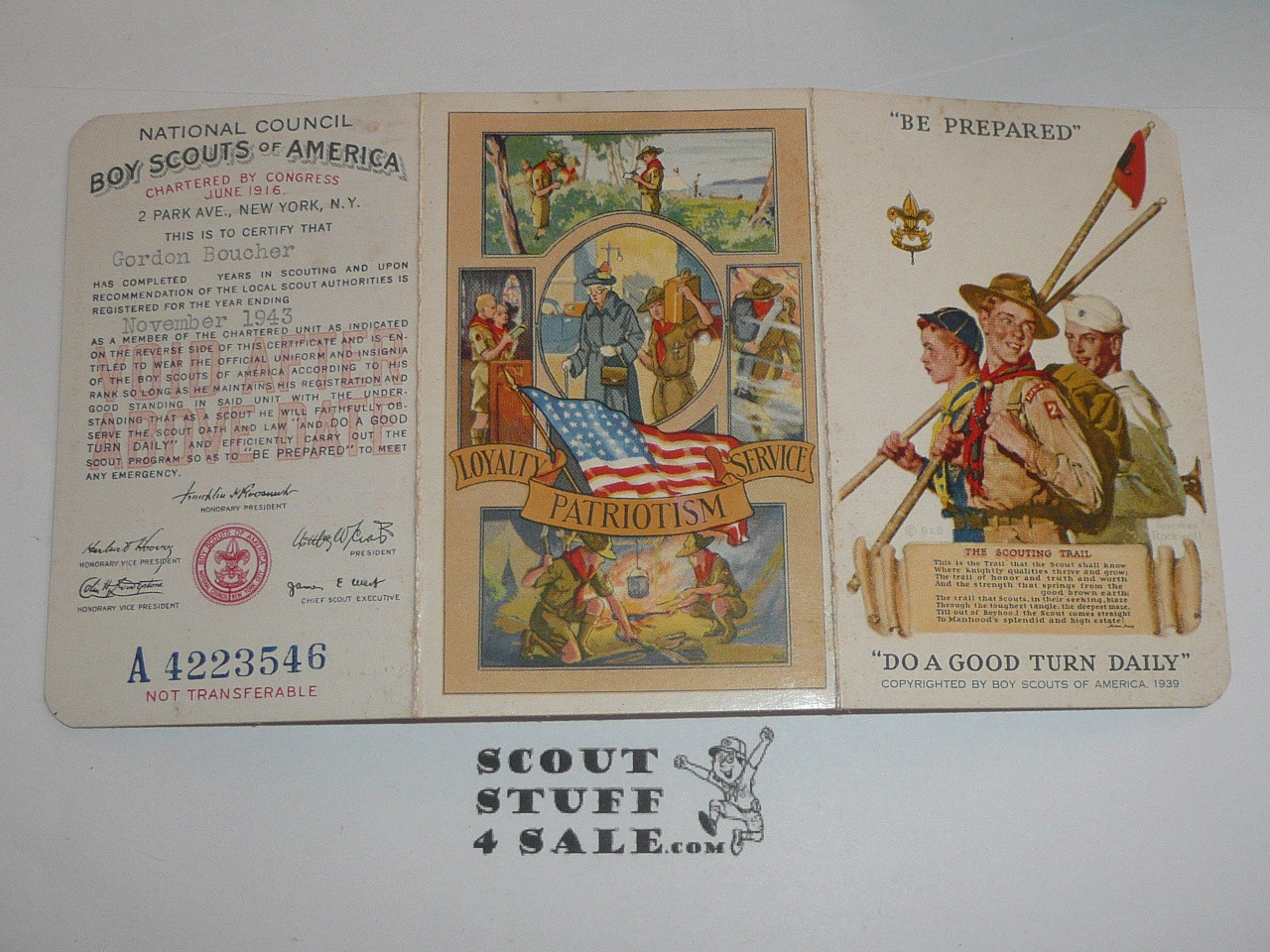 1943 Boy Scout Membership Card, 3-fold, with the Envelope, 5 signatures, expires November 1943, BSMC173