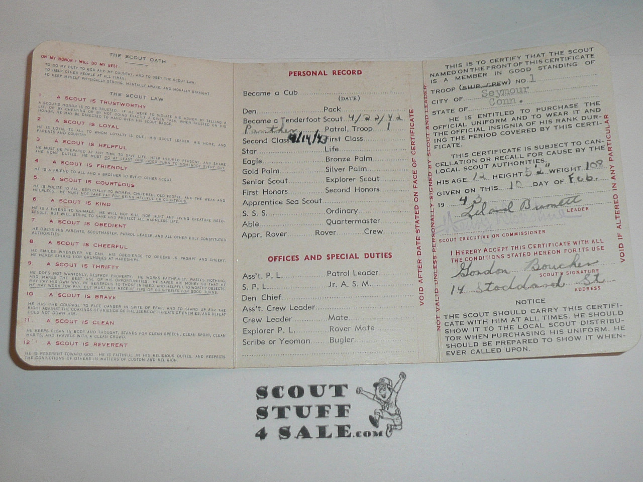 1943 Boy Scout Membership Card, 3-fold, with the Envelope, 5 signatures, expires November 1943, BSMC173