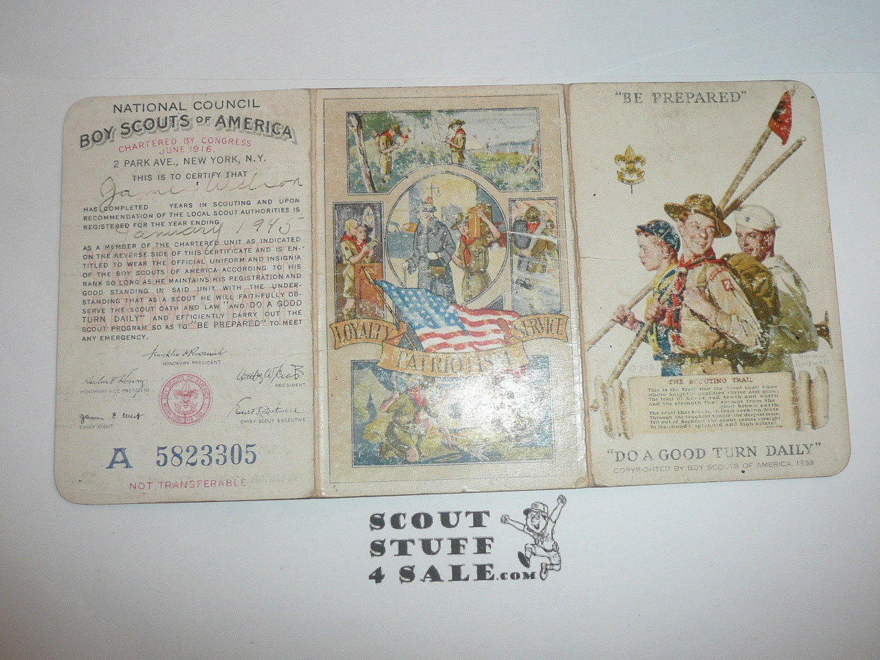 1945 Boy Scout Membership Card, 3-fold, with the Envelope, 5 signatures, expires January 1945, BSMC176