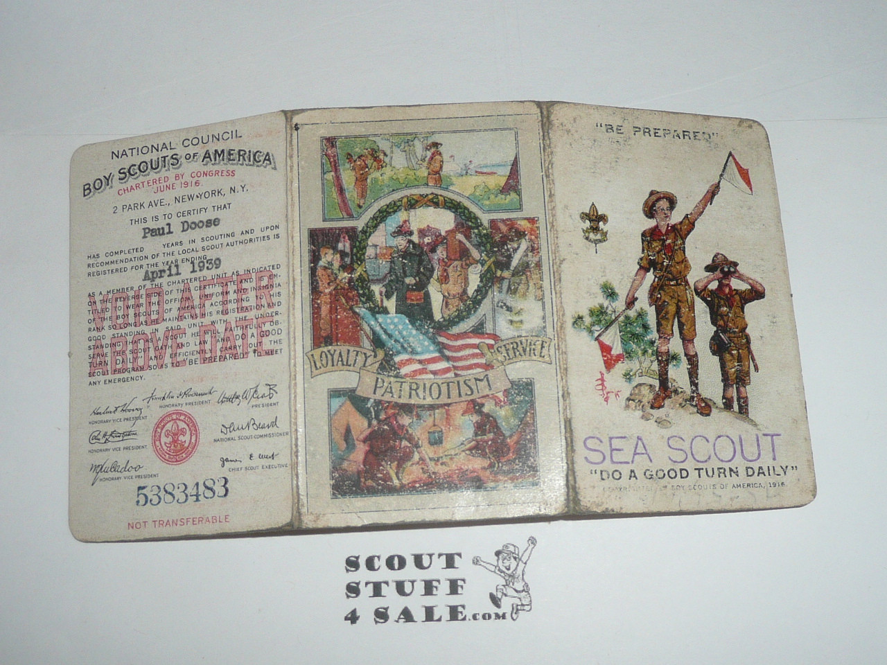 1939 Boy Scout Membership Card, 3-fold, with the Envelope, 7 signatures, Stamped Sea Scout, expires April 1939, BSMC183