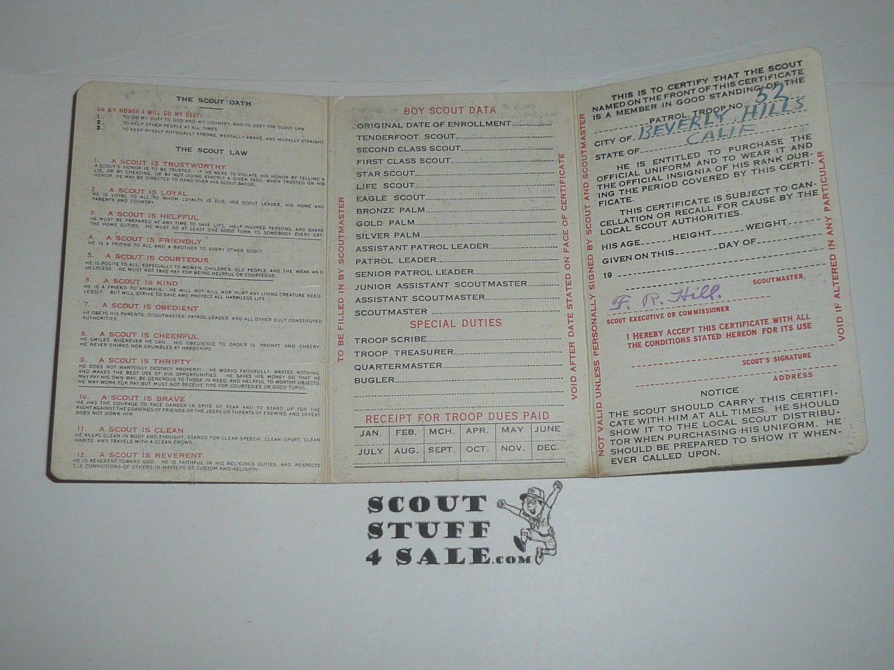 1937 Boy Scout Membership Card, 3-fold, with the Envelope, 7 signatures, Stamped Sea Scout, expires April 1937, BSMC184