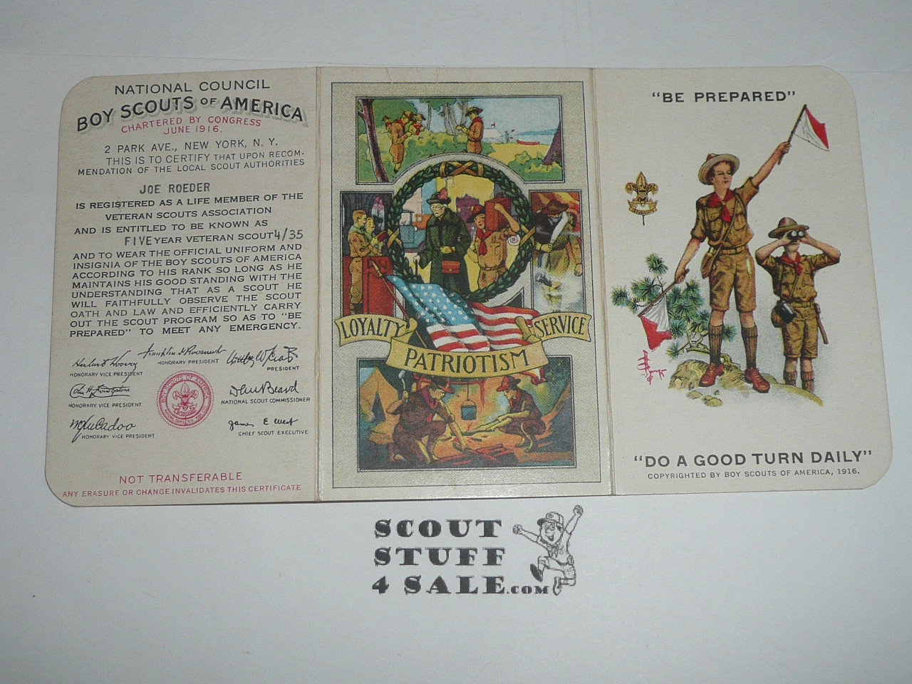 1935 Boy Scout VETERAN Membership Card, 3-fold, with the Envelope, 7 signatures, April 1935, BSMC187