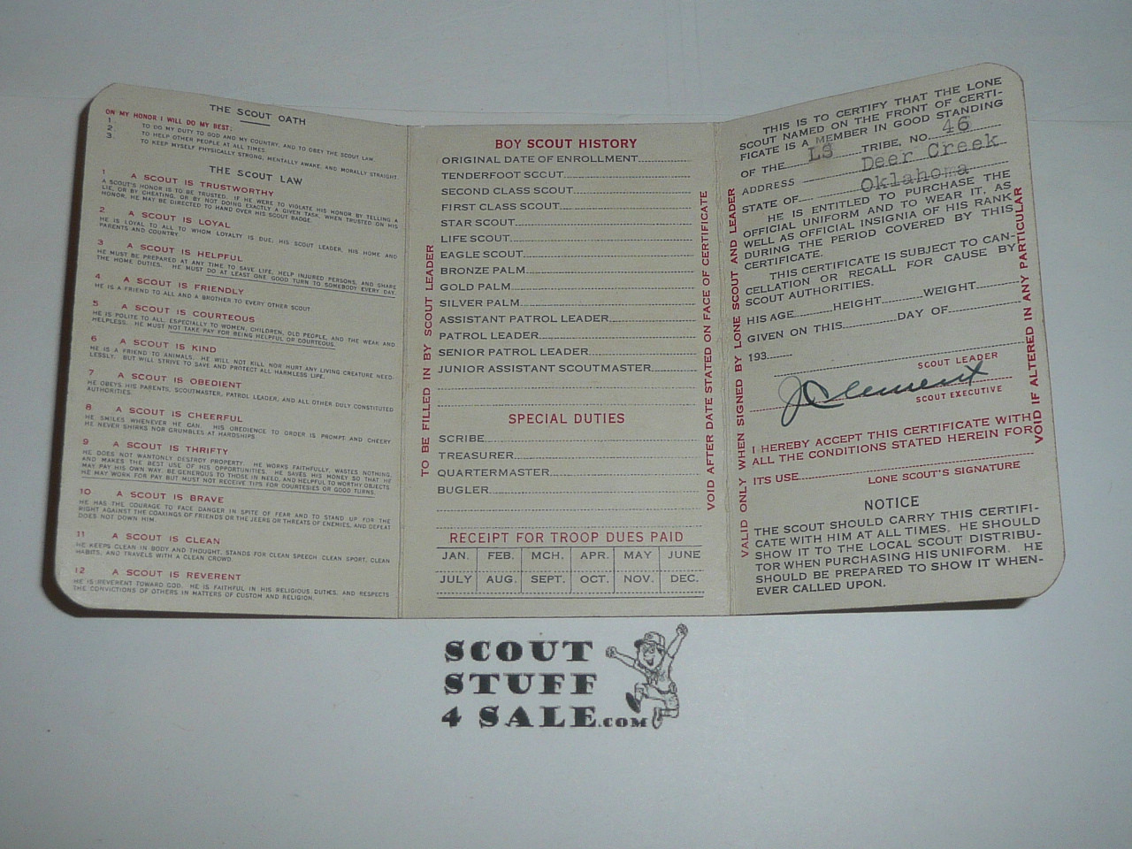 1938 Boy Scout LONE SCOUT Membership Card, 3-fold, with the Envelope, 7 signatures, expires October 1938, BSMC188