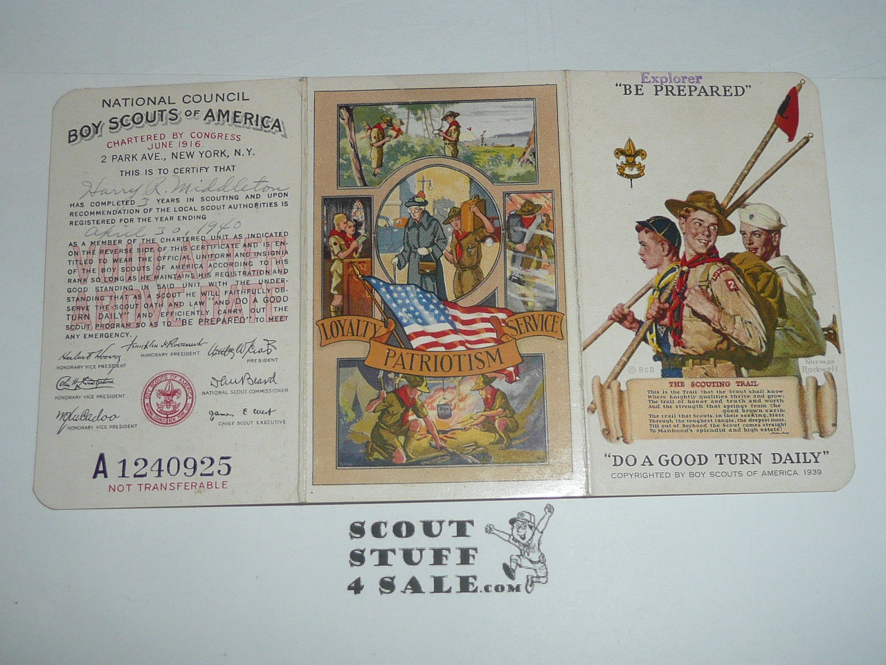 1940 Boy Scout Membership Card, 3-fold, with the Envelope, Stamped Explorer, 7 signatures, expires April 1940, BSMC189