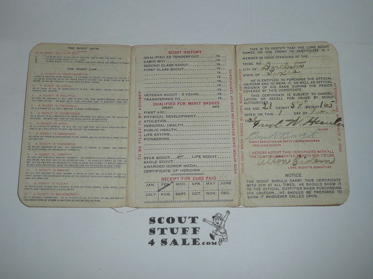 1934 Boy Scout LONE SCOUT Membership Card, 3-fold, with the Envelope, 7 signatures, expires February 1934, BSMC194