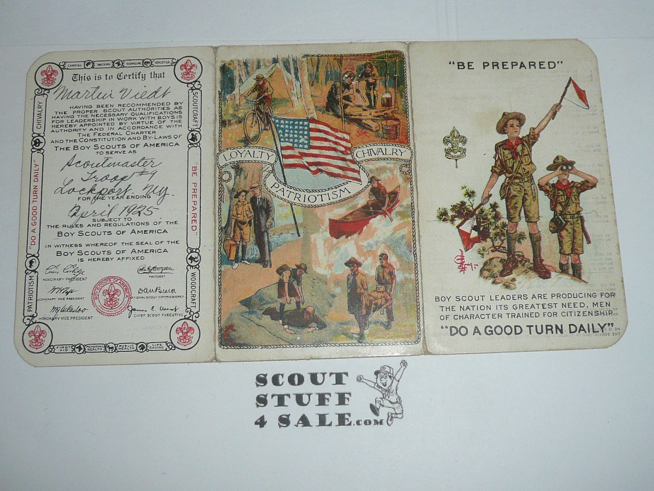 1925 Boy Scout Adult Membership Card, 3-fold, with the Envelope, 6 signatures, expires April 1925, BSMC208