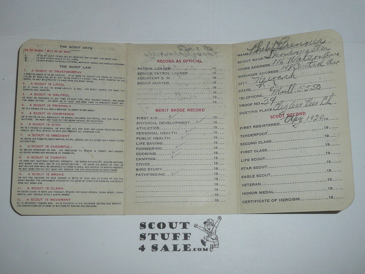 1927 Boy Scout Adult Membership Card, 3-fold, with the Envelope, 7 signatures, expires September 1927, BSMC212