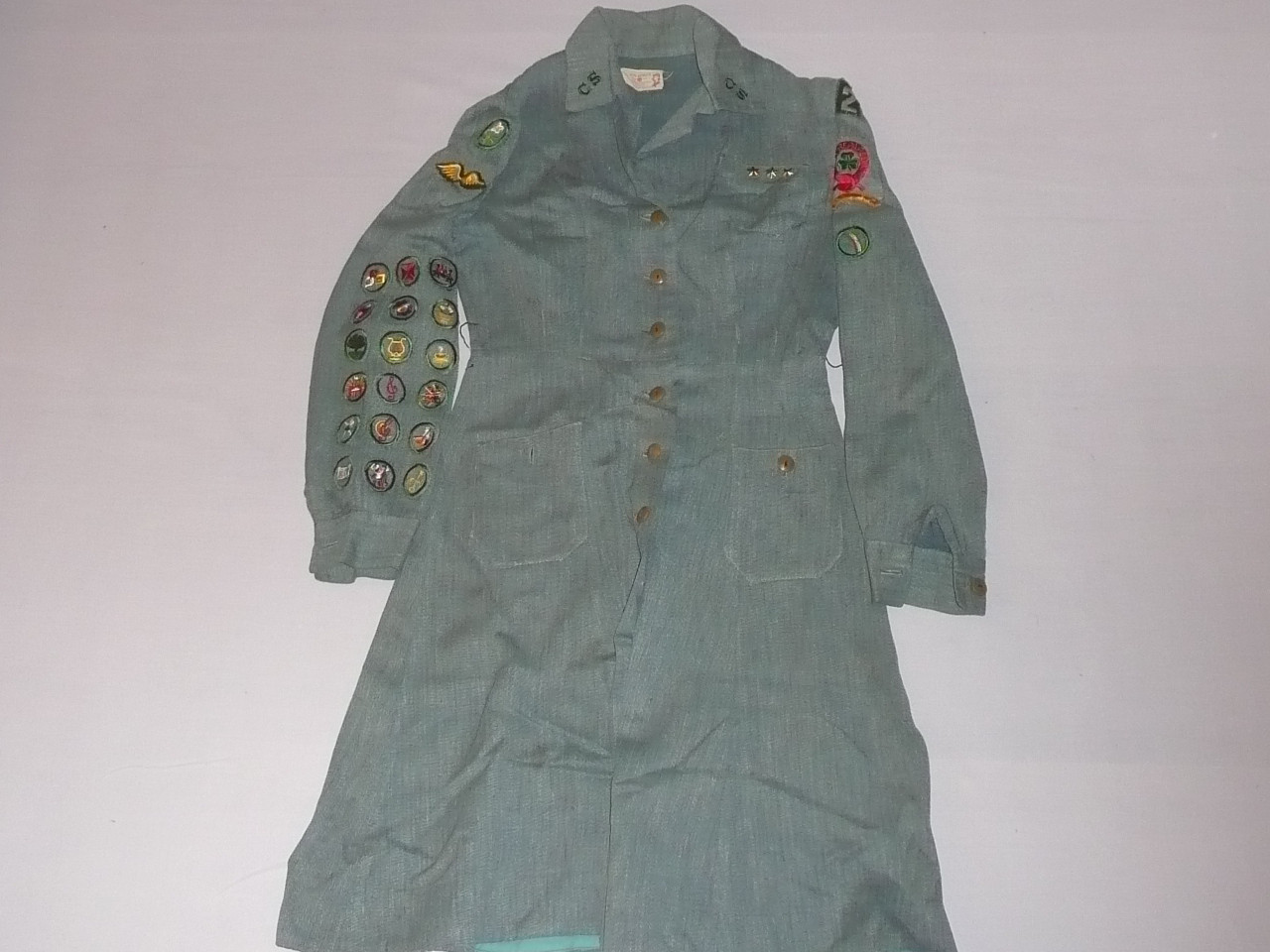 1940's Girl Scout Uniform Dress with many patches, 17" chest 26" waist 34" length, GSH27