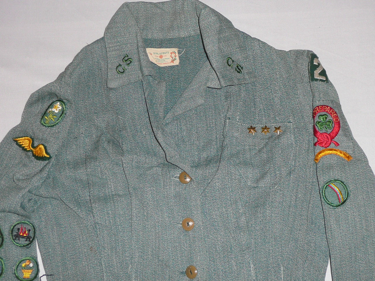1940's Girl Scout Uniform Dress with many patches, 17" chest 26" waist 34" length, GSH27