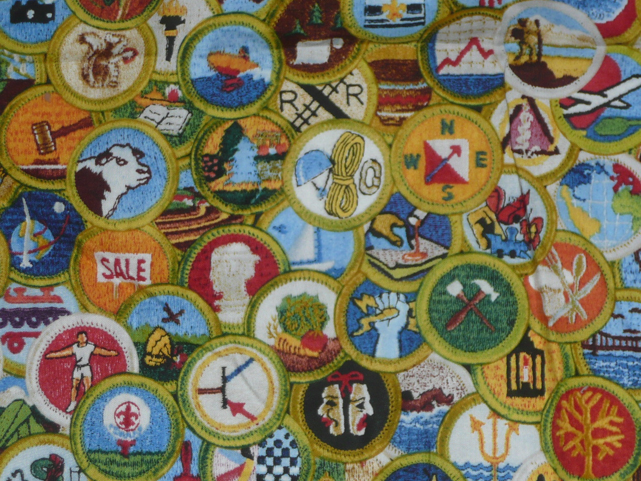 Boy Scout Quilting/table cloth by Robert Kaufman, 43" x 37", Merit Badge Montage, DISCONTINUED