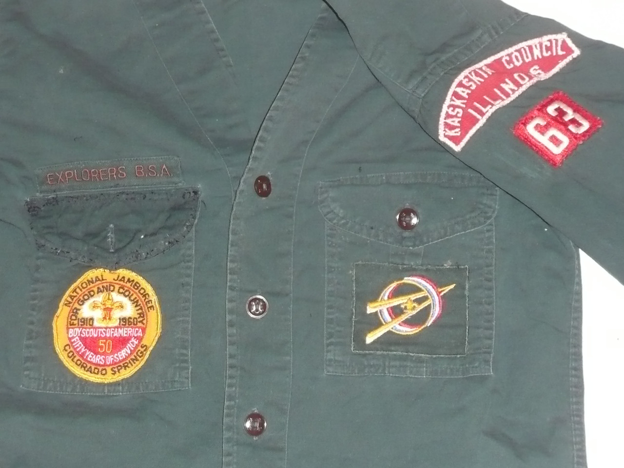 1960's Boy Scout Explorer Uniform Shirt with 1960 NJ Patch and  Kaskaskia R/W Council strip, 17" Chest and 25" Length, #FB107