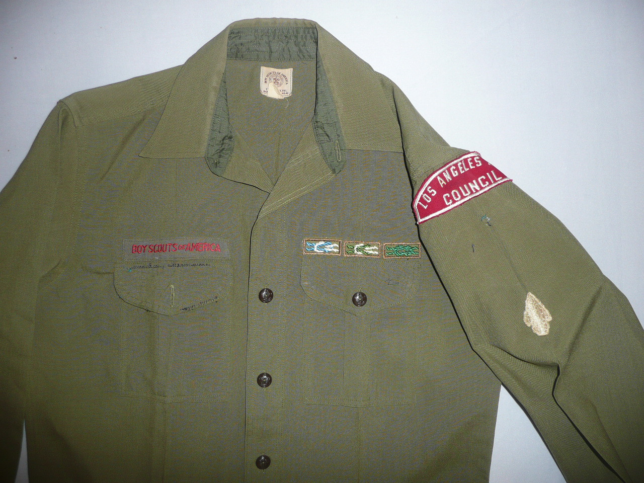 1960's Boy Scout Leader Lite Wool Uniform Shirt with LOS ANGELES AREA COUNCIL R/W Strip and insignia, 20.5" Chest and 31" Length, #FB113