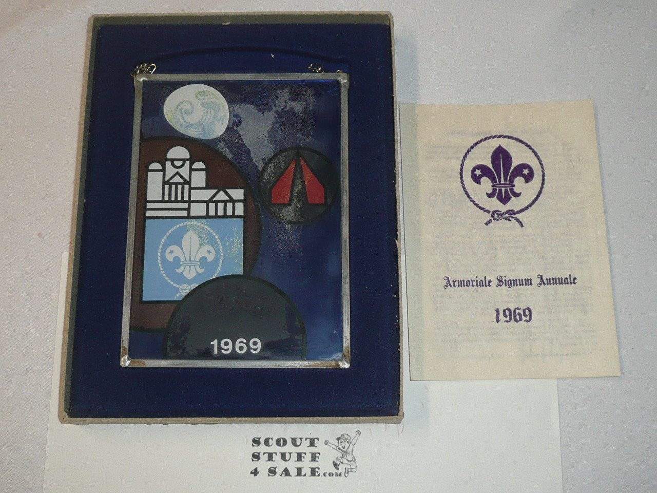 1969 World Scout Organization Stained Glass Tableu with Paperwork, 5" x 6.5"