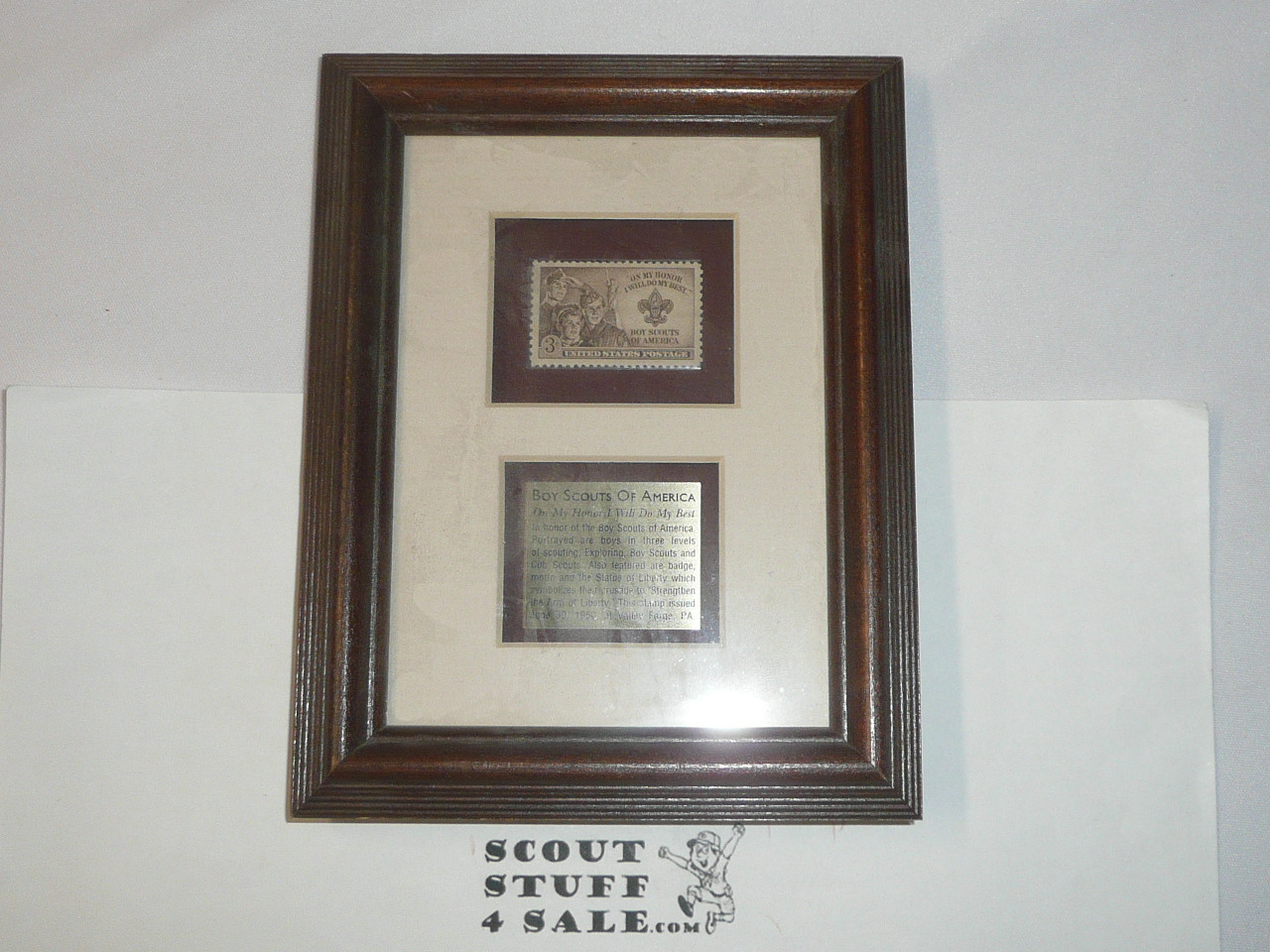 1950 Boy Scouts of America 3 cent Stamp, framed with brass description