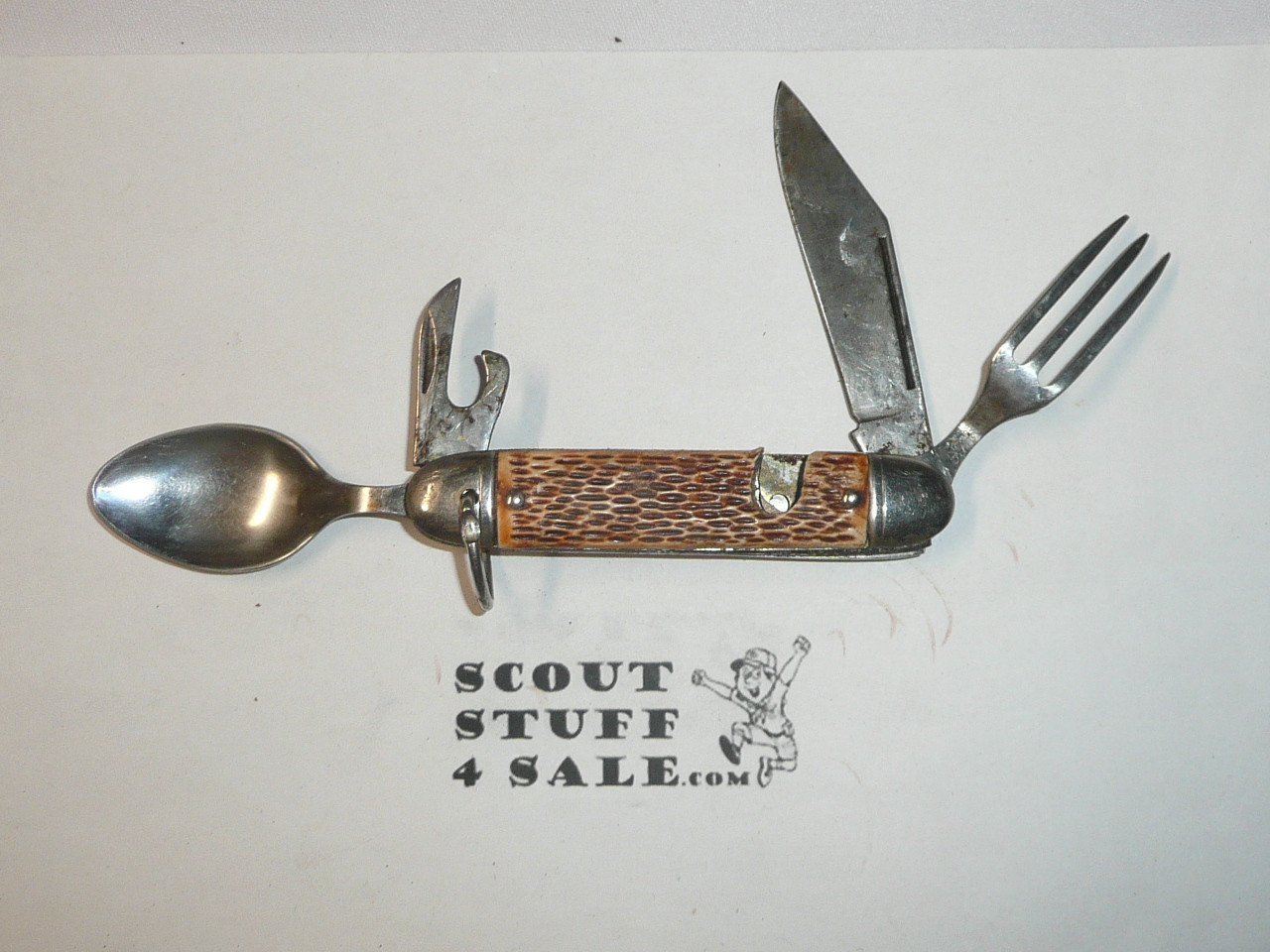 Fork, Knife, Spoon and Can Opener Bone Handled Knife, used (PAT9)