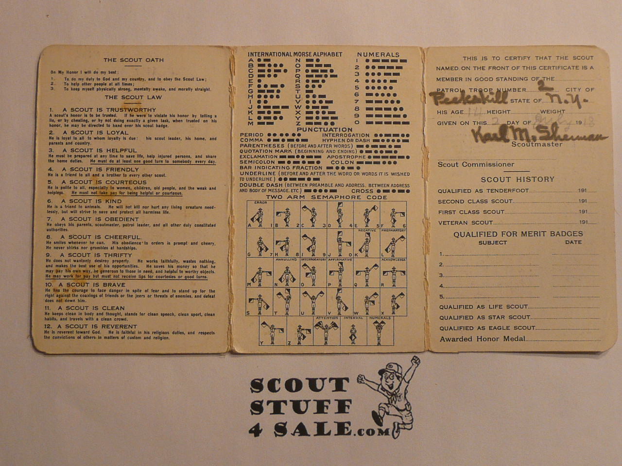 1919 Boy Scout Membership Card, 3-fold, with the Envelope, 6 signatures, expires October 1919, BSMC258