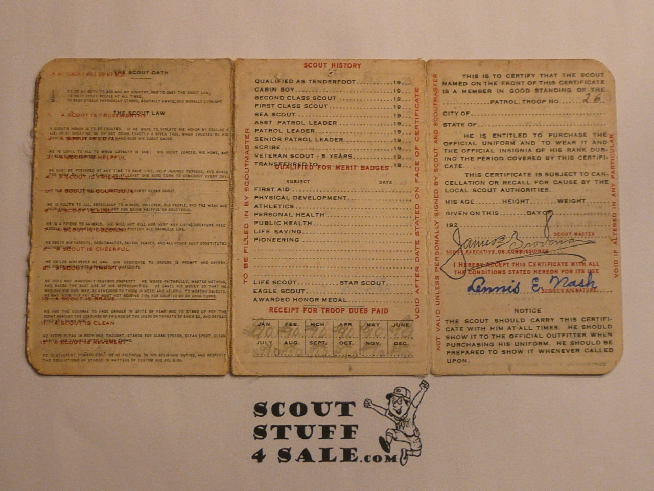 1925 Boy Scout Membership Card, 3-fold, with envelope, 6 signatures, expires March 1925, BSMC266