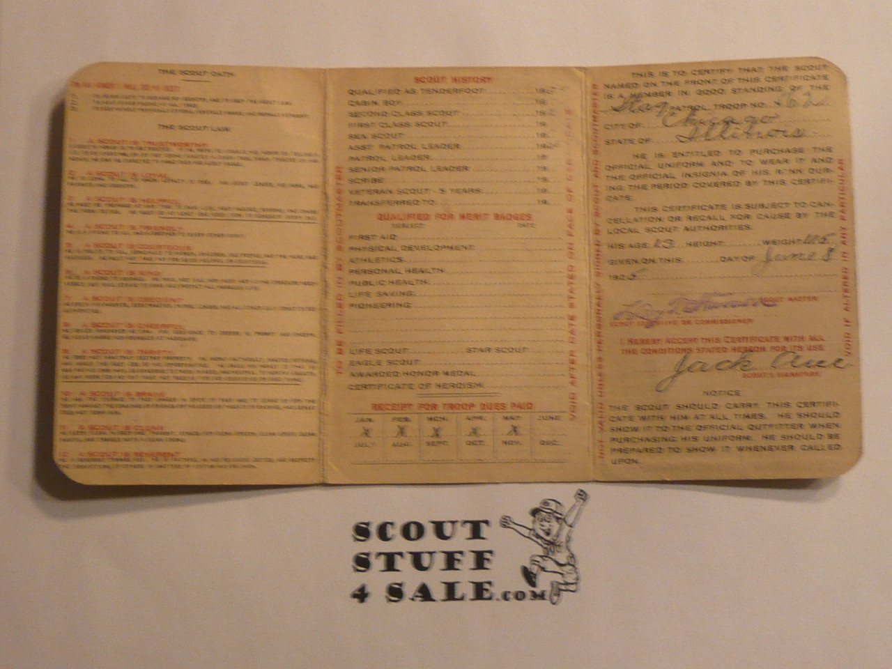 1926 Boy Scout Membership Card, 3-fold, with envelope, 6 signatures, expires February 1926, BSMC268