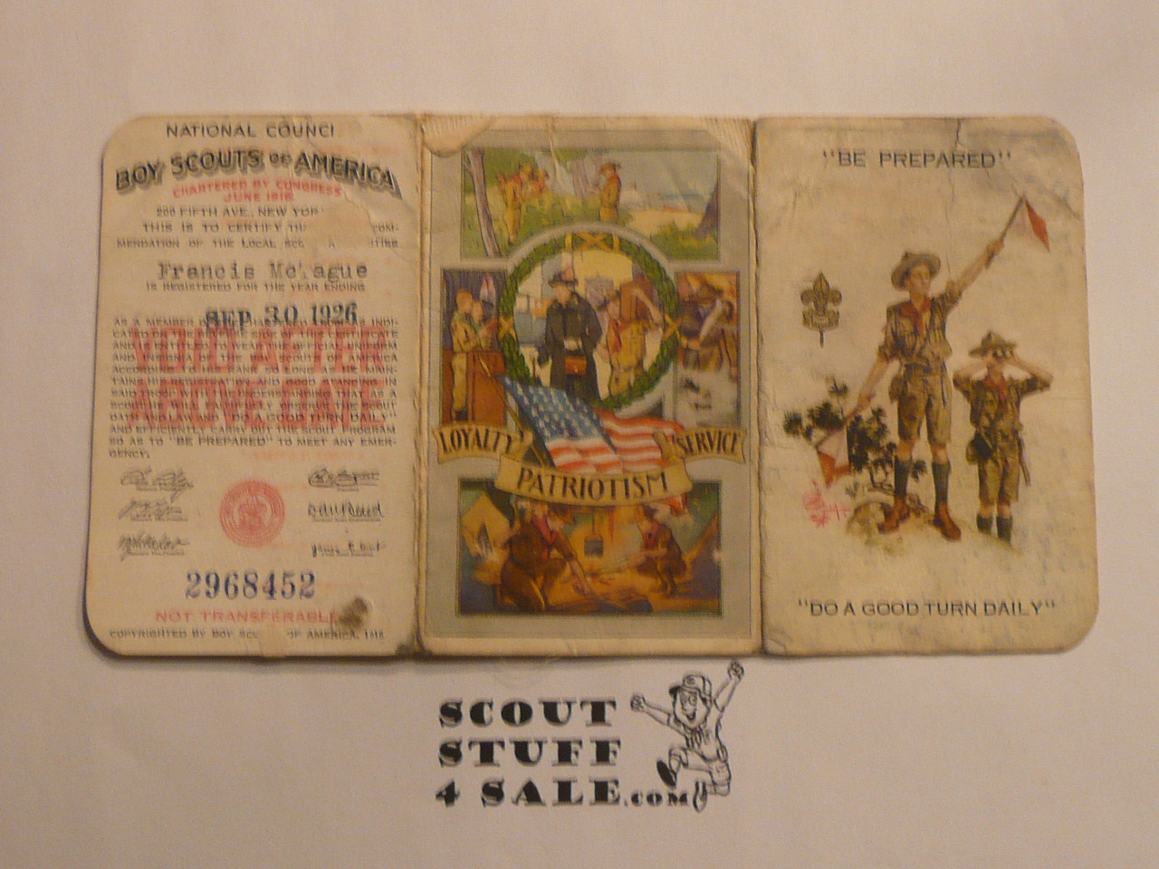 1926 Boy Scout Membership Card, 3-fold, 6 signatures, expires September 1926, BSMC272