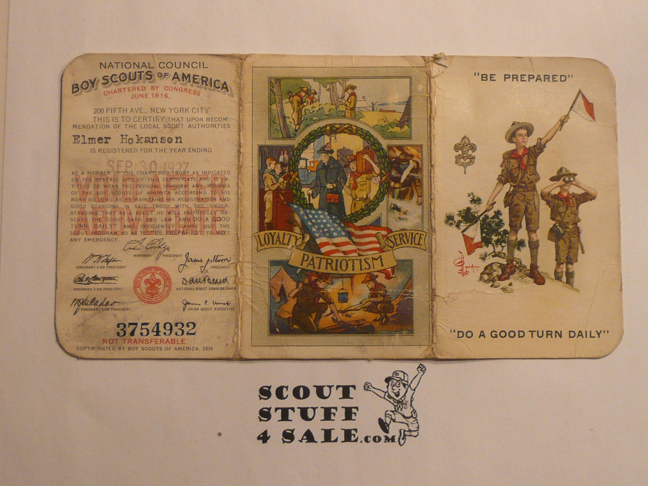 1926 Boy Scout Membership Card, 3-fold, with the Envelope, 7 signatures, RARE Storrow as President, expires September 1927, BSMC273