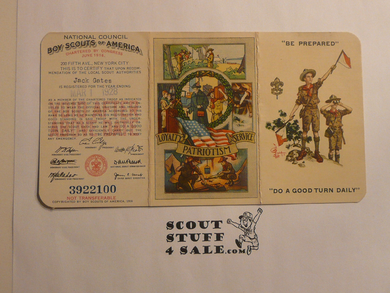 1928 Boy Scout Membership Card, with envelope, 3-fold, 7 signatures, expires March 1928, BSMC276