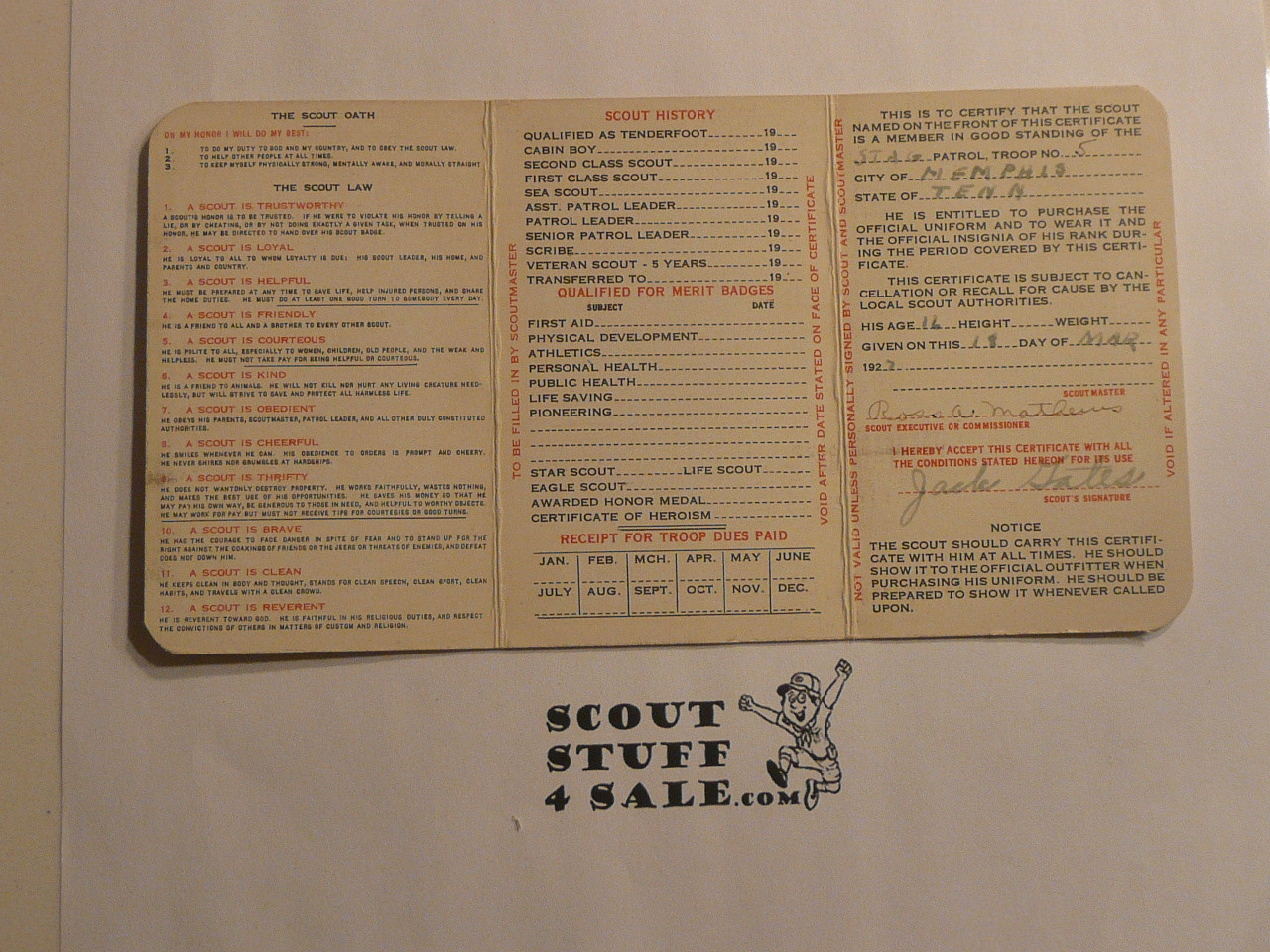 1928 Boy Scout Membership Card, with envelope, 3-fold, 7 signatures, expires March 1928, BSMC276