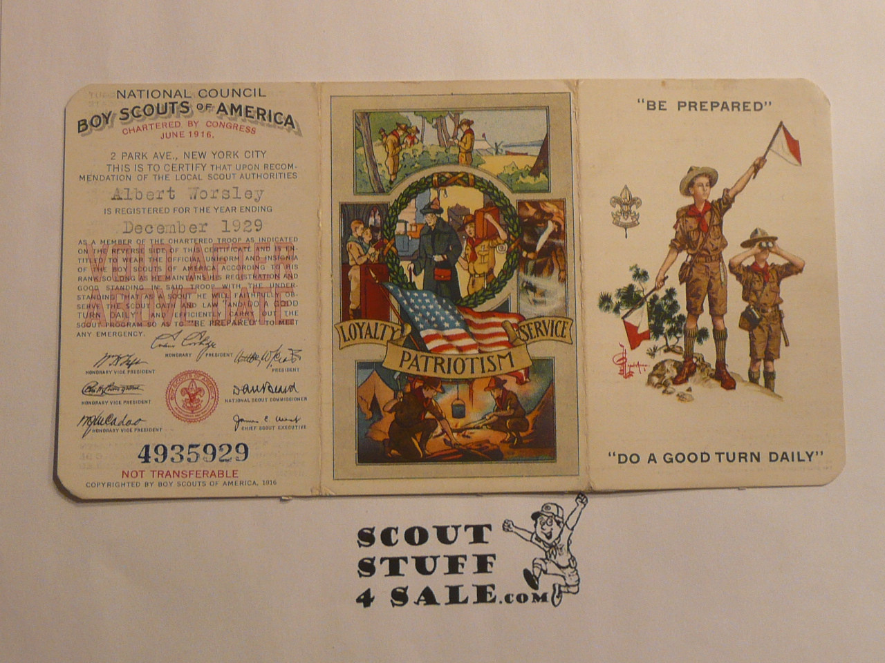 1929 Boy Scout Membership Card,  with envelope, 3-fold, 7 signatures, expires December 1929, BSMC281