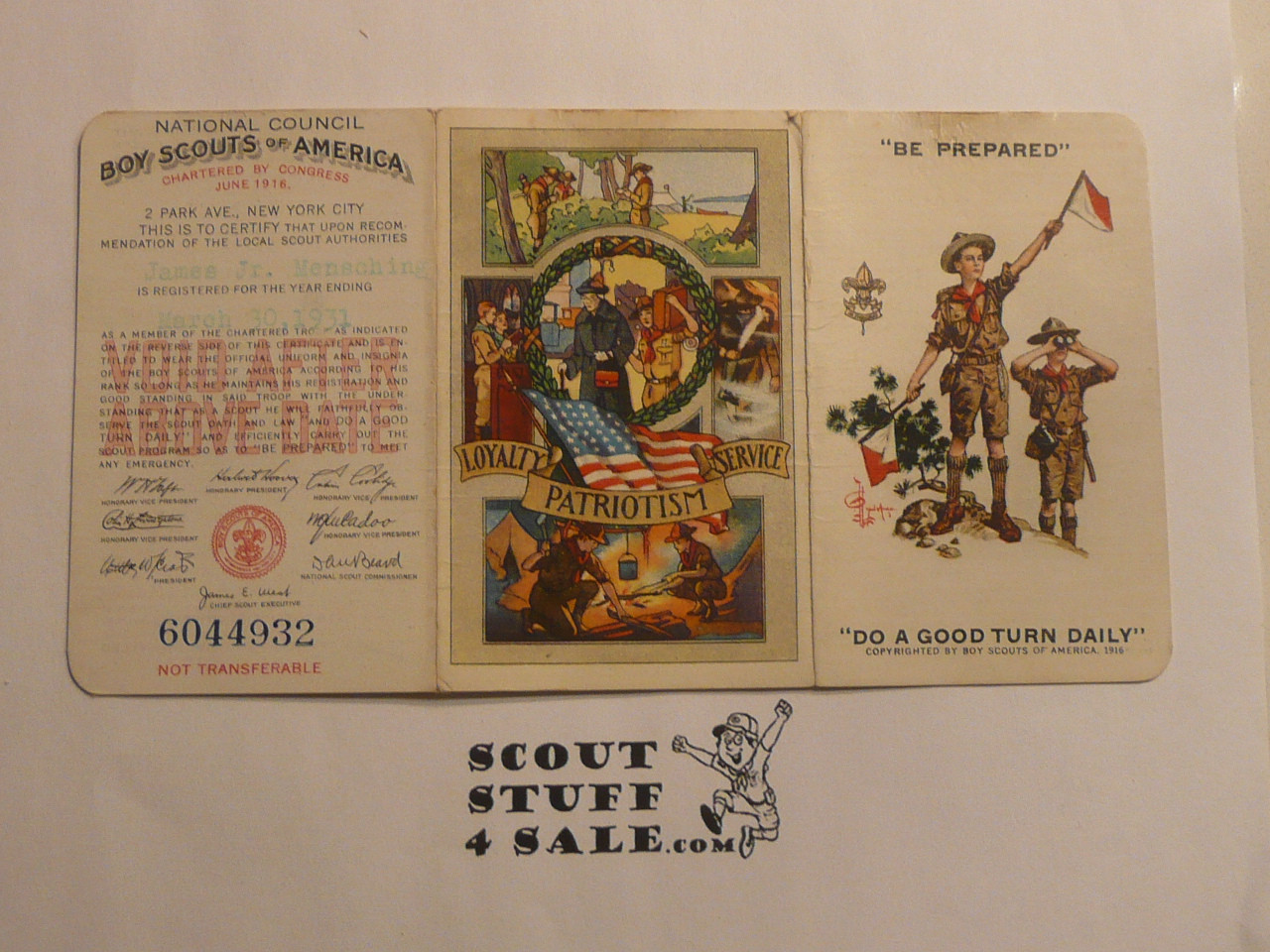 1931 Boy Scout Membership Card, 3-fold, 8 signatures, expires March 1931, BSMC286
