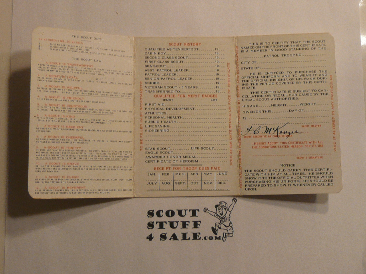 1931 Boy Scout Membership Card, 3-fold, 7 signatures, expires June 1931, BSMC287