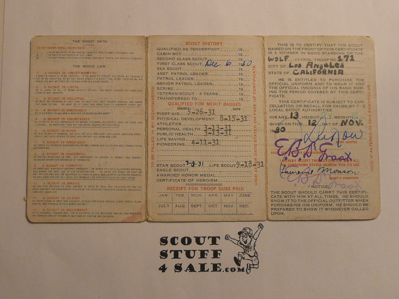 1931 Boy Scout Membership Card, with envelope, 3-fold, 7 signatures, expires October 1931, BSMC288