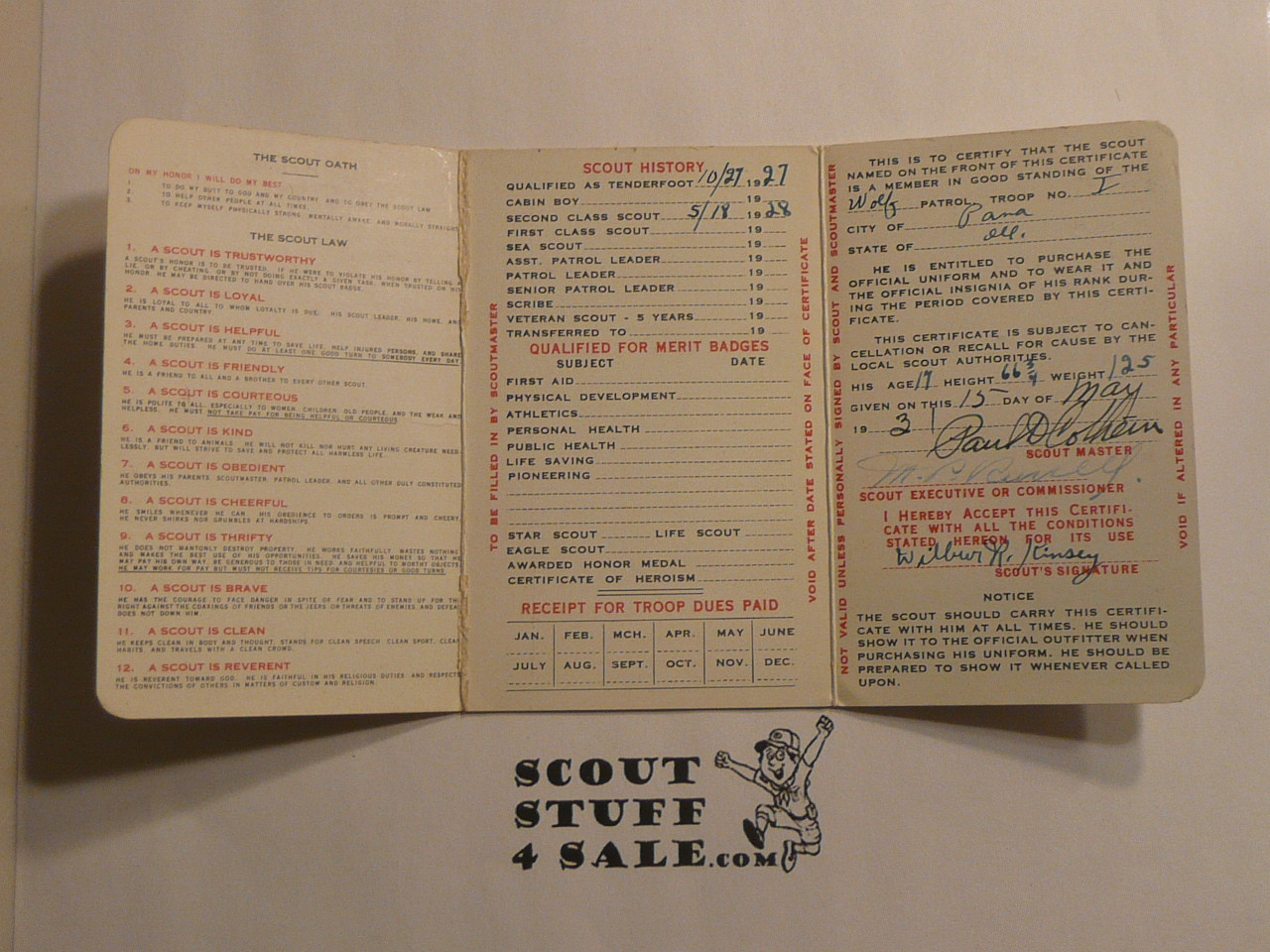 1932 Boy Scout Membership Card, with envelope, 3-fold, 7 signatures, expires April 1932, BSMC290