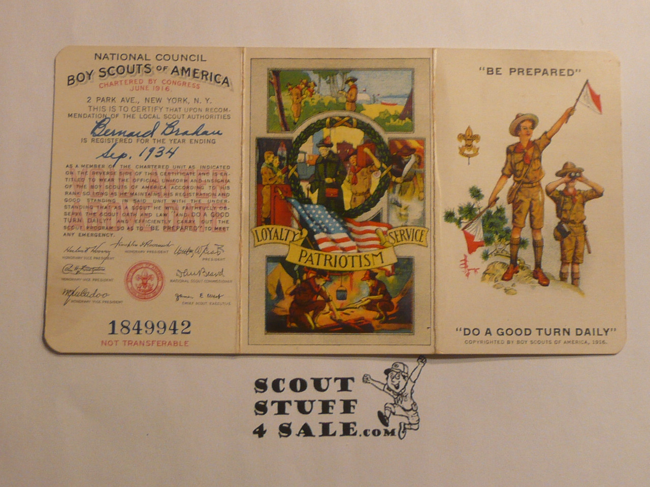 1934 Boy Scout Membership Card, 3-fold, 7 signatures, expires September 1934, BSMC300