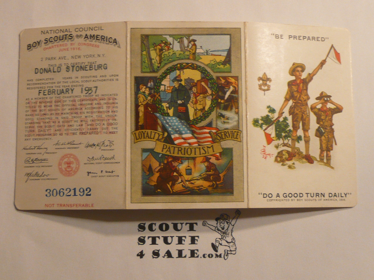 1937 Boy Scout Membership Card, 3-fold, 7 signatures, expires February 1937, BSMC317
