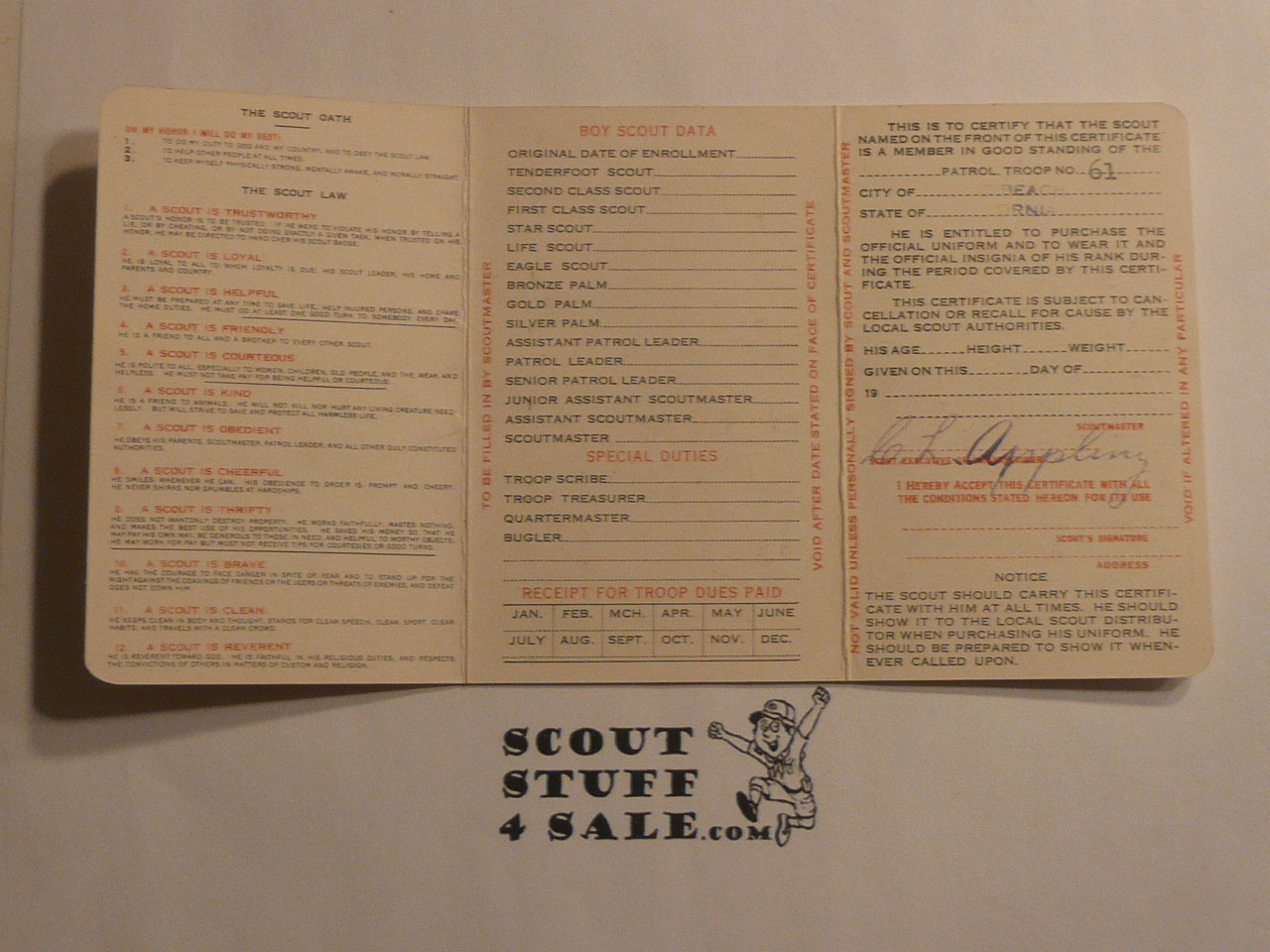 1937 Boy Scout Membership Card, 3-fold, with envelope, 7 signatures, expires August 1937, BSMC322