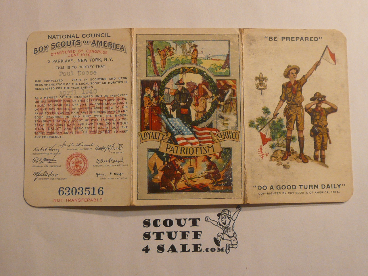 1940 Boy Scout Membership Card, 3-fold, 7 signatures, April 1940, BSMC332