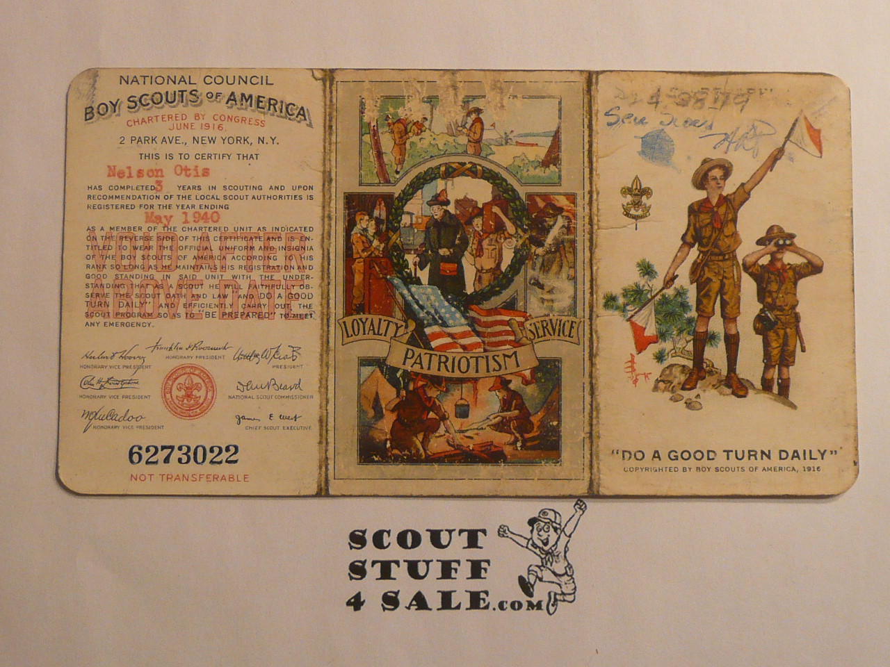 1940 Boy Scout Membership Card, 3-fold, 7 signatures, May 1940, BSMC333