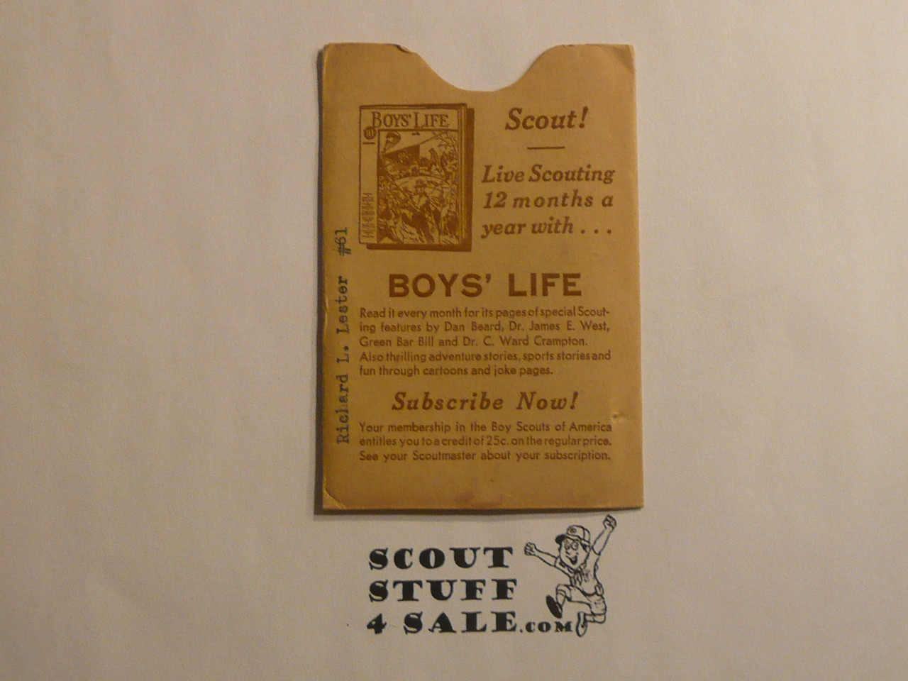 1940 Boy Scout Membership Card, 3-fold, with envelope, 7 signatures, June 1940, BSMC334