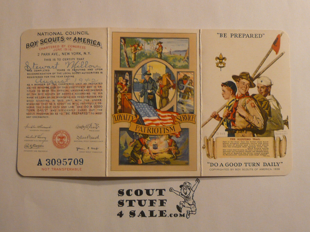 1942 Boy Scout Membership Card, 3-fold, with envelope, 6 signatures, August 1942, BSMC340