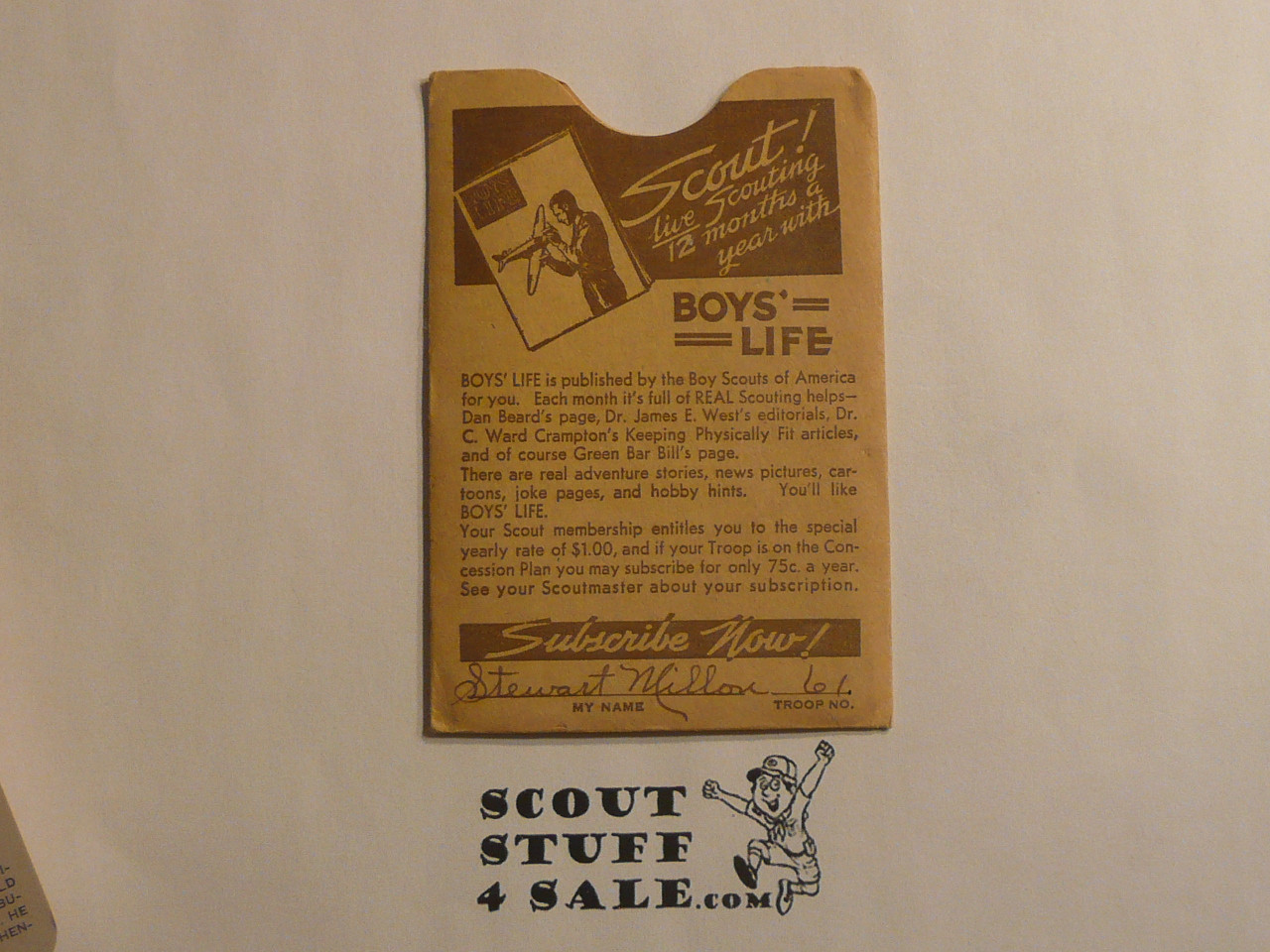 1942 Boy Scout Membership Card, 3-fold, with envelope, 6 signatures, August 1942, BSMC340