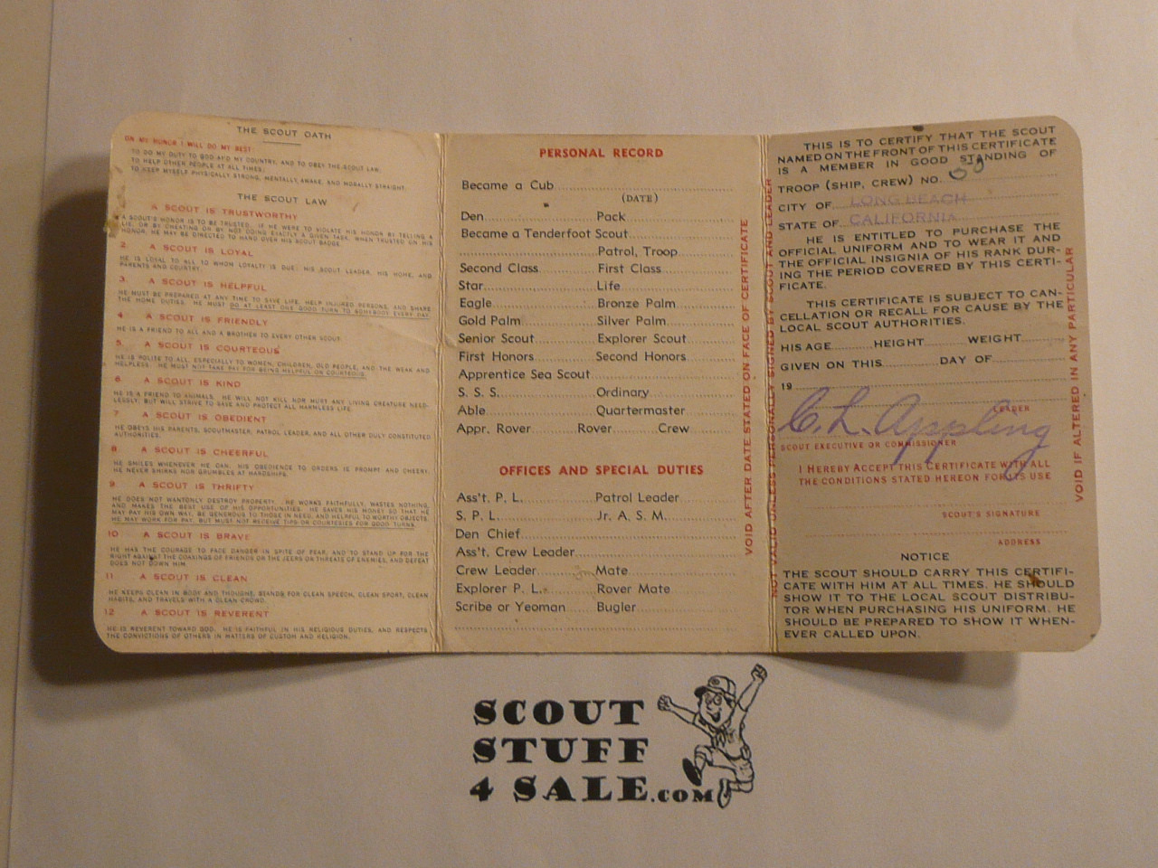 1942 Boy Scout Membership Card, 3-fold, with envelope, 5 signatures, November 1942, BSMC341