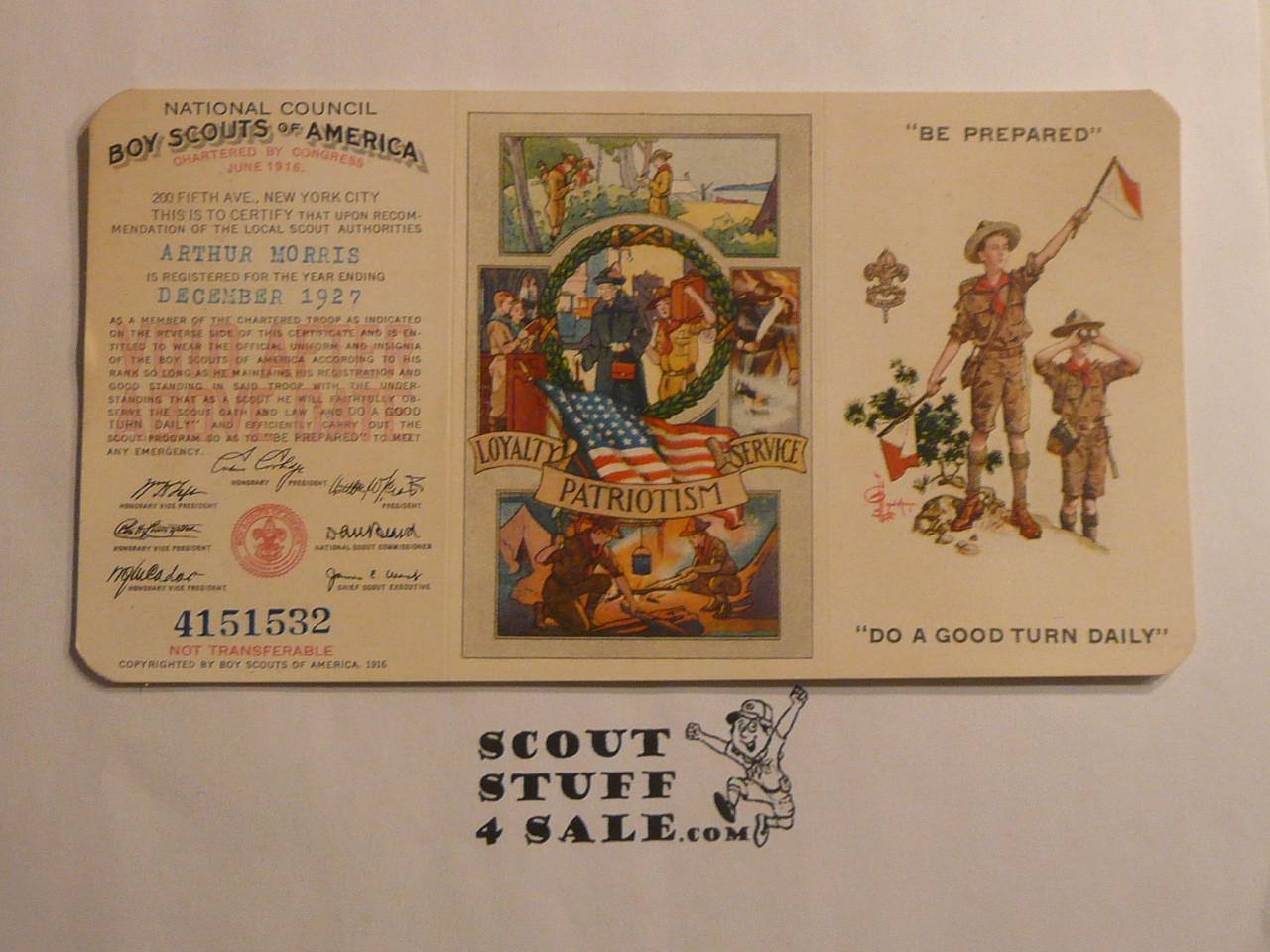 1927 Boy Scout Membership Card, 3-fold, 7 signatures, MINT condition unfolded, December 1927, BSMC346