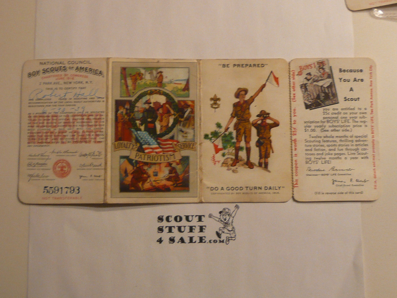 1939 Boy Scout Membership Card, 3-fold, 7 signatures, with RARE 4th perforated fold still attached, expires June 1939, BSMC347