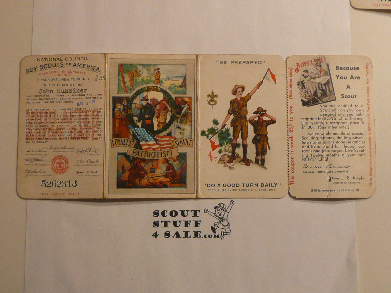 1939 Boy Scout Membership Card, 3-fold, 7 signatures, with RARE 4th perforated fold still attached, expires March 1939, BSMC348