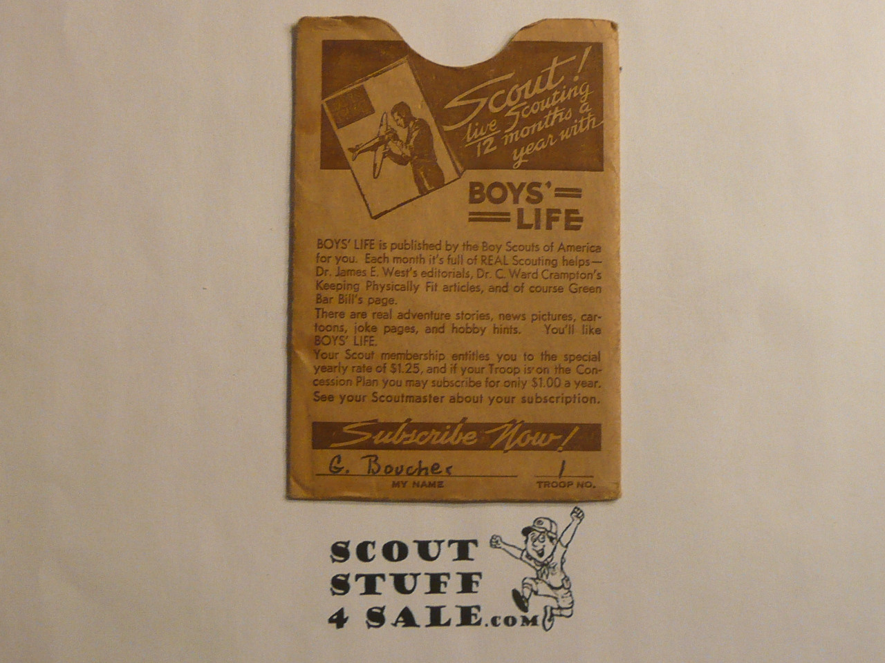 1943 Boy Scout Membership Card, 3-fold, with envelope, 5 signatures, expires June 1943, BSMC345