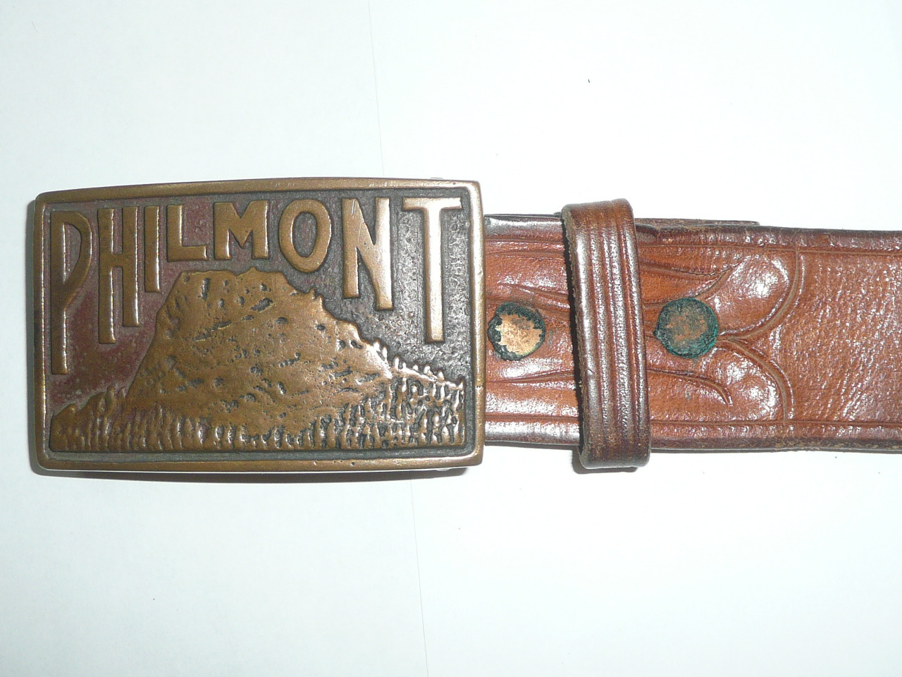 Philmont Scout Ranch, Tooled Leather Belt, 33" waist, 1951, notice that it came painted, includes heavy brass buckle